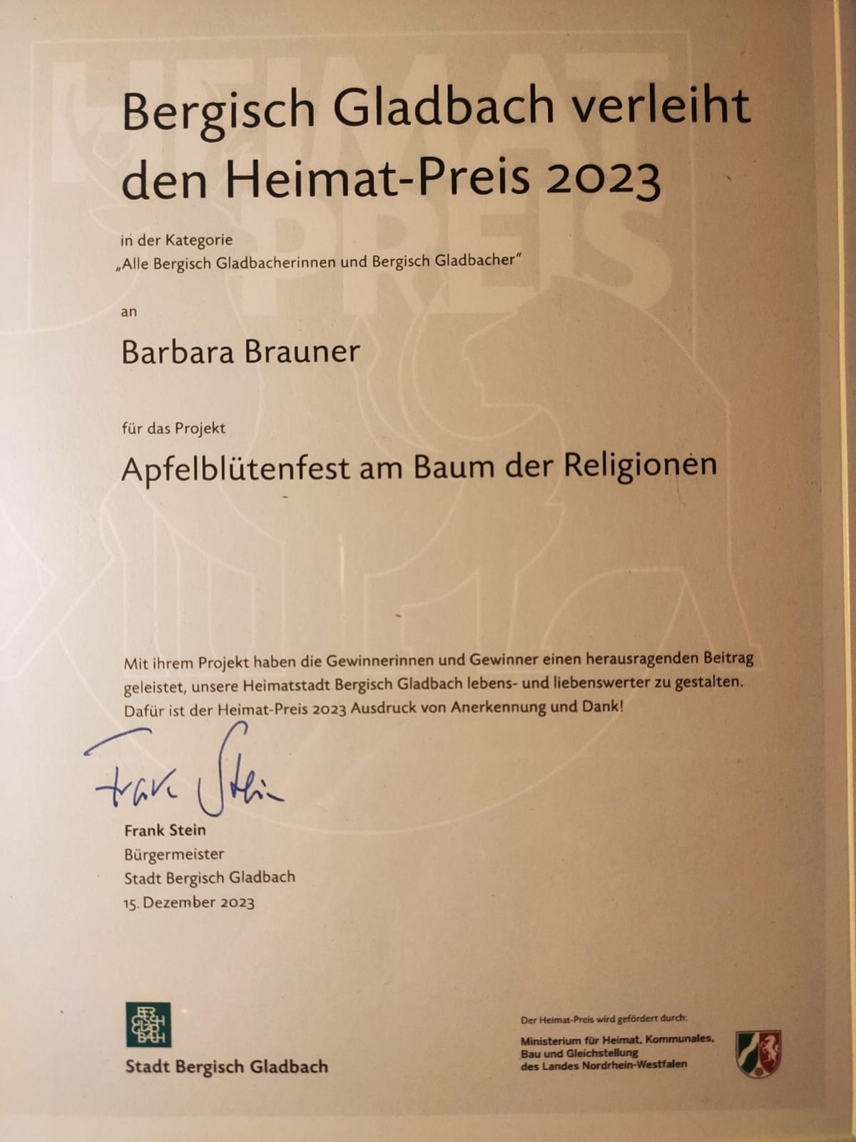 Urkunde des Heimat-Preises 2023 der Stadt Bergisch Gladbach